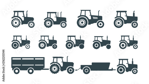 Set of flat farm tractor icons in silhouette style for agricultural design projects.
