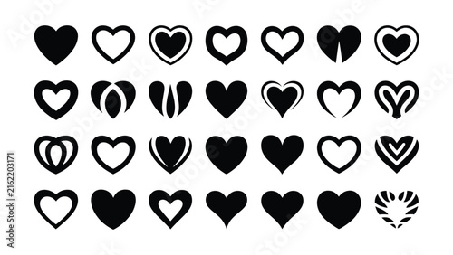 Collection of various heart shape icons in minimalist black vector style.
