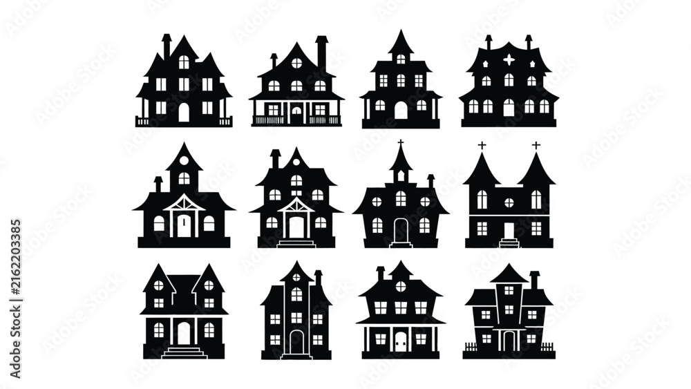 Fototapeta premium Set of halloween silhouettes featuring a black cat haunted house and flying bats for seasonal design. 