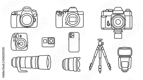Set of photography equipment icons including various professional cameras lenses smartphone tripod.
