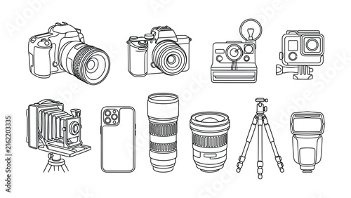 Collection of various professional photography equipment icons in clean line art style.
