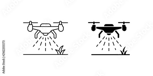 Agricultural drone spraying crops vector icon set for farming