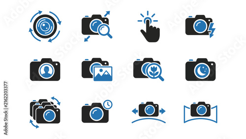 Set of photography camera icons featuring various settings and shooting modes.
