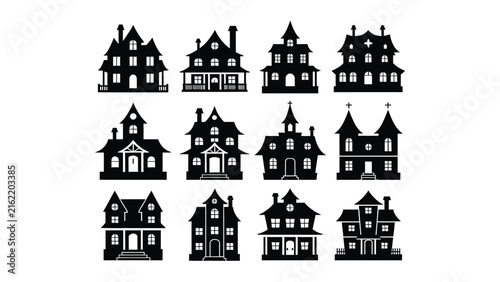 Set of halloween silhouettes featuring a black cat haunted house and flying bats for seasonal design.
