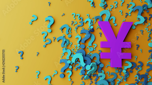 Purple Yen Symbol Surrounded By Blue Question Marks On Yellow Background Representing Financial Uncertainty