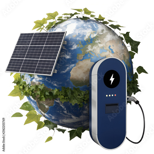 Sustainable Earth with Green Leaves Solar Panel and Electric Vehicle Charging Station Isolated on Transparent Background