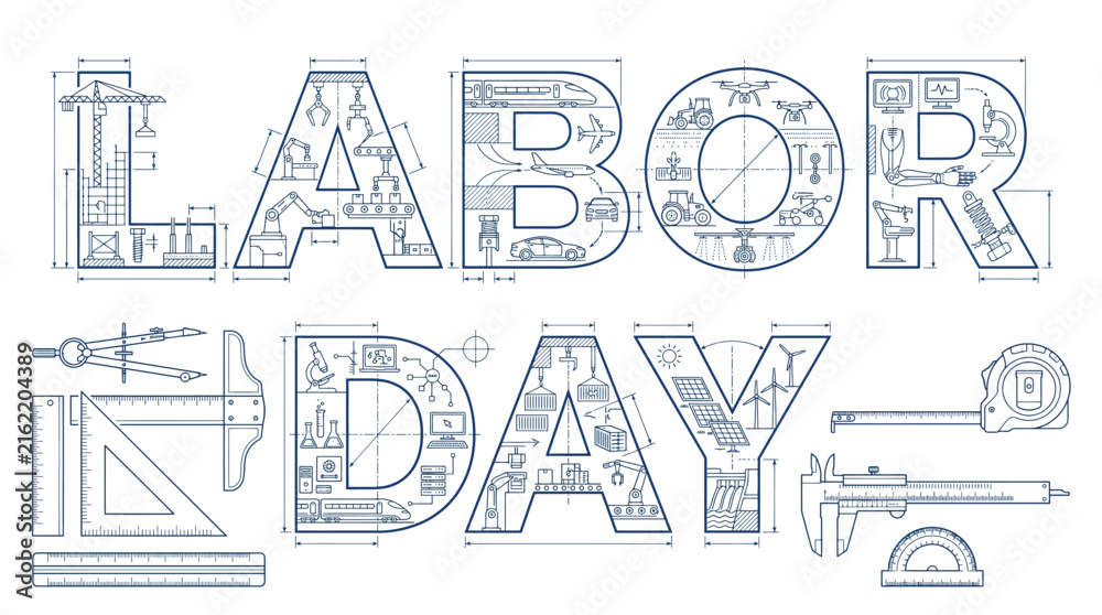 Fototapeta premium Labor Day Typography with Blueprint Engineering and Industrial Construction Icons – Vector Illustration