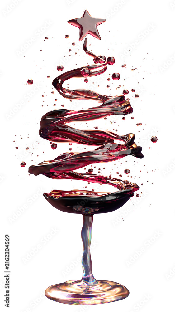 Naklejka premium Wine Glass Christmas Tree With Red Swirl and Star Top Festive Holiday Art