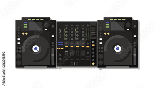 Professional DJ Equipment Vector Set with Turntables Media Players and Audio Mixer for Club Music Event Party Flyers and Electronic Festival Graphic Designs