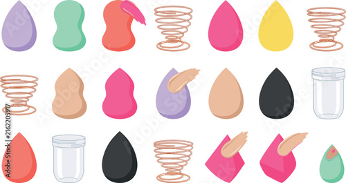 Bild auf Leinwand Makeup Blender Sponge Vector Set with Teardrop Sculpted Shapes Spiral Metal Stan