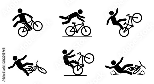 Bicycle Accident Icons, Cyclist Fall Set, Extreme Sports Danger Vector Graphics, BMX Trick Fails, Safety Warning Symbols