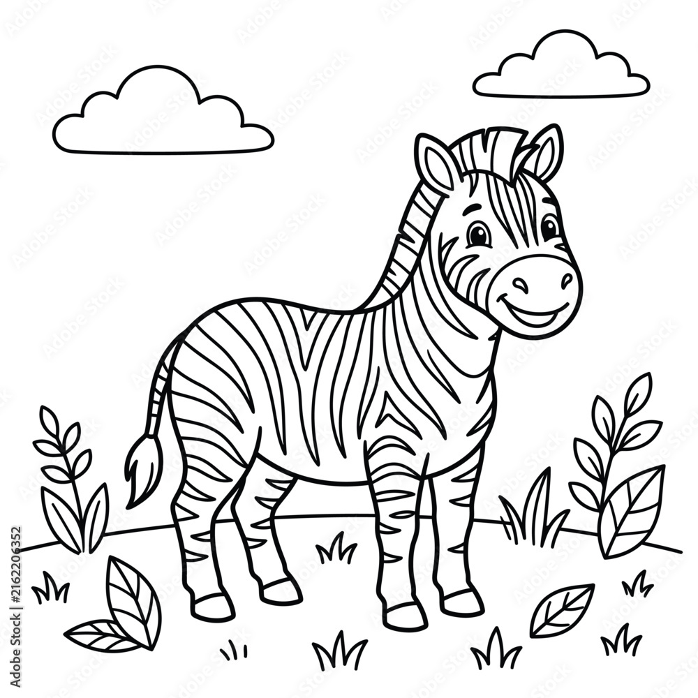 Fototapeta premium Cute cartoon zebra standing in the grass for children coloring book page line art