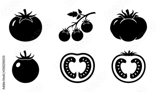 Tomato Icons Set, Fresh Red Fruit Vector Graphics, Healthy Food Illustrations, Culinary Ingredient Silhouettes, Organic Produce Symbols