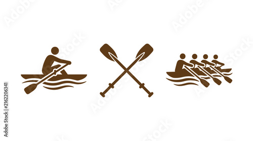 Rowing boat oars crew rowing icons with water sport line art silhouette illustration collection isolated competition recreation activity athletic