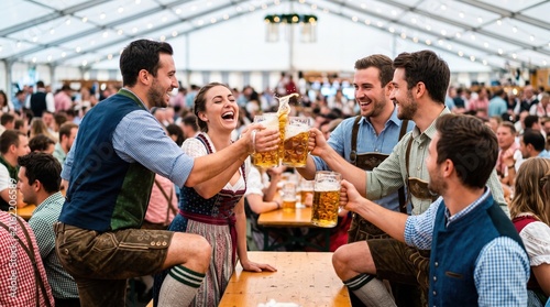 Group of friends celebrating with beer in a traditional tent