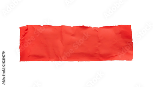 Horizontal strip of vibrant red wrinkled paper isolated against a clean solid white background with displays single horizontal heavily creased wrinkled