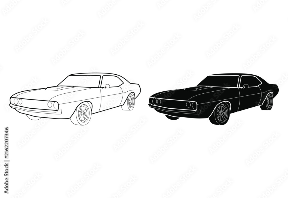 Naklejka premium Classic Muscle Car Silhouette Black And White Line Art Illustration