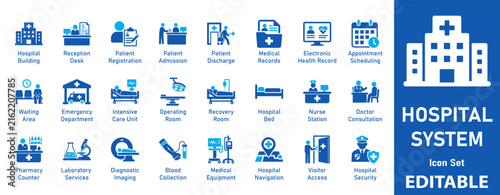 Hospital System icon set. Includes symbols for Medical Records, Nurse Station, Diagnostic Imaging, and Hospital Bed. Solid vector icons for medical software UX UI.