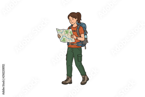 Canvastavla Female Hiker Looking at Map Vector Illustration
