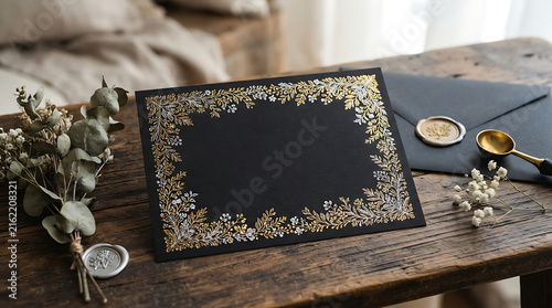 Elegant blank black wedding invitation card with gold floral embellishments 4K HD Image