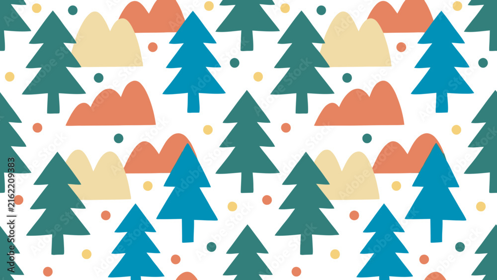 Obraz premium Abstract seamless pattern with stylized pine trees and mountains. Flat vector illustration.