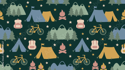 Seamless Camping Pattern with Tents Mountains and Bicycles. Flat vector illustration.