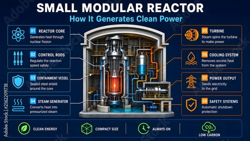 Small modular reactor infographic showing how it generates clean power