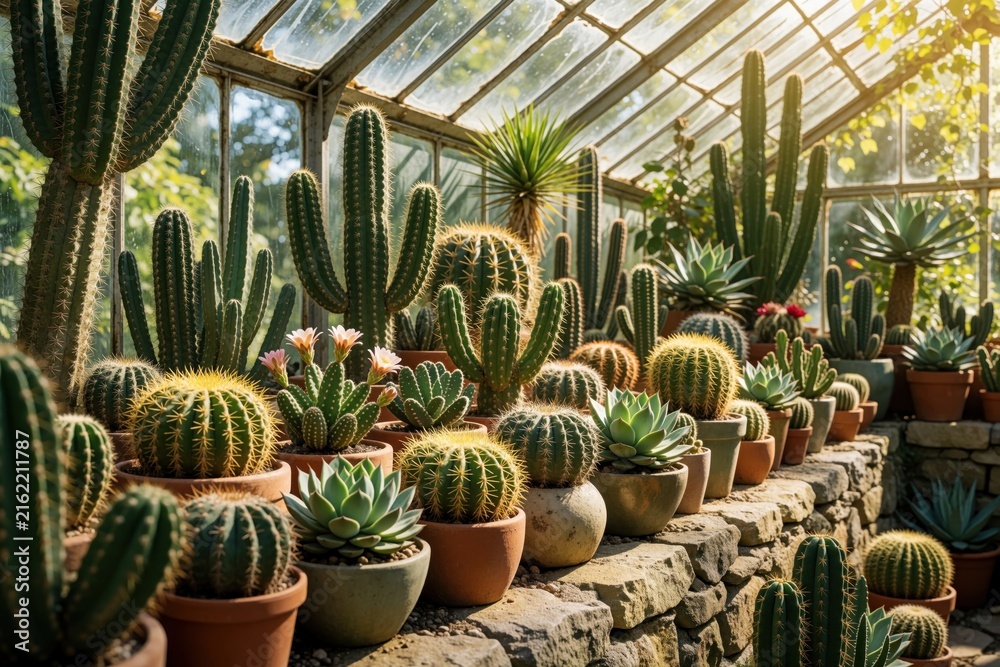 Obraz premium Many types of cacti and succulents grow in pots on a stone ledge inside a greenhouse. Bright sun shines through the glass roof creating a warm atmosphere, showing variety of desert plants.