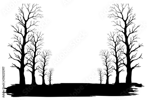 Black silhouettes of bare. Halloween leafless trees.