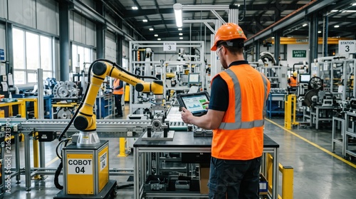 Industrial engineer operating robotic arm in smart factory using tablet for automation control manufacturing technology and safety management system.