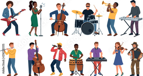 Foto Musician Characters and Live Band Vector Icon Set Featuring Guitarist, Singer, D
