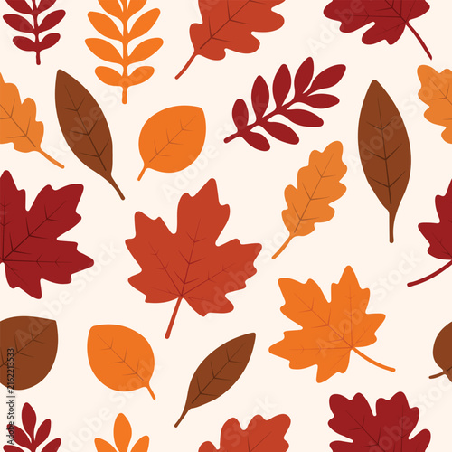 Autumn leaf seamless pattern. Colorful fall foliage background texture for fabric, wallpaper, packaging, and decor. Vector illustration.