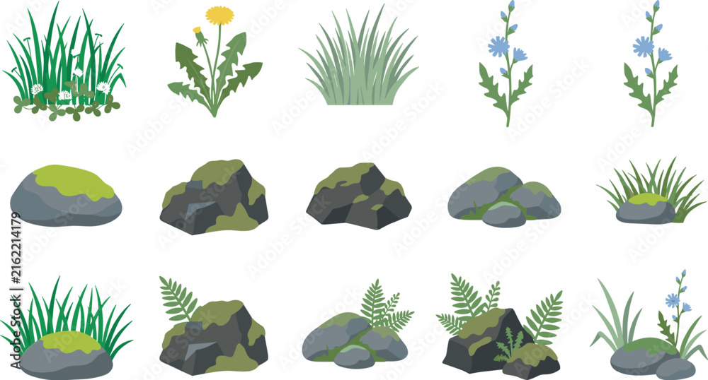 Fototapeta premium Forest Ground and Landscape Element Set Featuring Green Grass Tufts, Dandelion, Chicory Flowers, Mossy Rocks, Boulders, and Fern Fronds