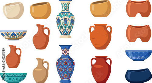 Quadro su tela Traditional Ceramic Pottery and Decorative Vase Icon Set Featuring Ornamental Va