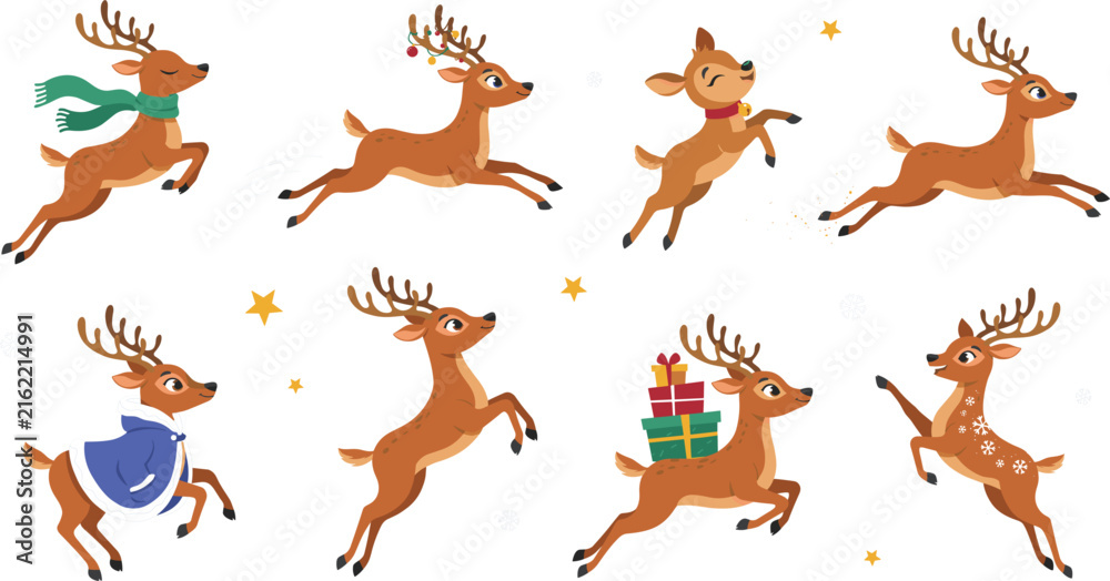 Obraz premium Cute Christmas Reindeer Vector Character Set Featuring Santa Flying Team Running, Leaping, Wearing Warm Winter Clothes, and Carrying Holiday Gift Boxes for Festive Designs