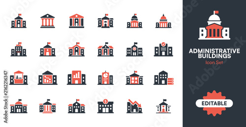 Set of hand drawn administrative building icons featuring government structures and public institutions in a sketch style