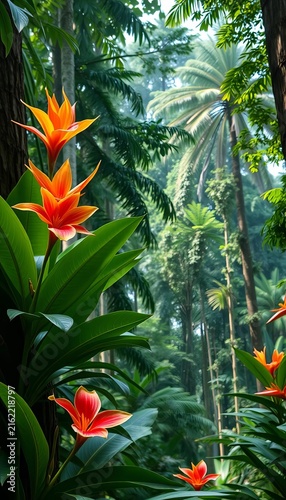 Exotic flowers blooming amidst towering trees in a lush jungle, ||jungle, tropical
