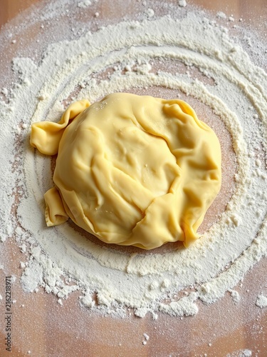 Fresh homemade pasta dough on a floured surface, ready for rolling, making, homemade