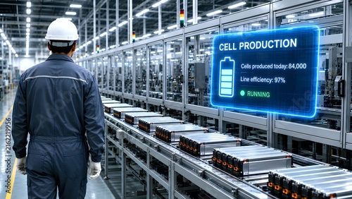 Battery cell production line with output monitoring panel in factory