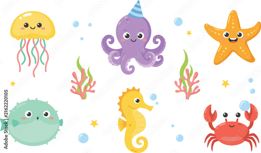Naklejka premium Cute Sea Creatures and Ocean Animals Icon Set with Kawaii Underwater Life Characters for Kids Birthday Invitations, Nursery Decor, and Children Graphic Designs