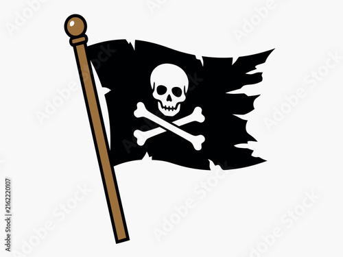 Konstfotografi A black pirate flag with a white skull and crossbones is displayed on a wooden p