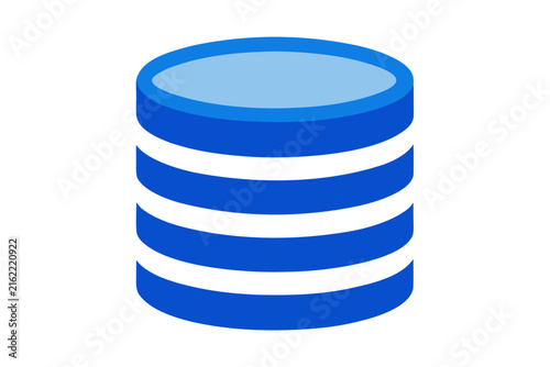3D blue database icon isolated on white background for data storage and cloud computing