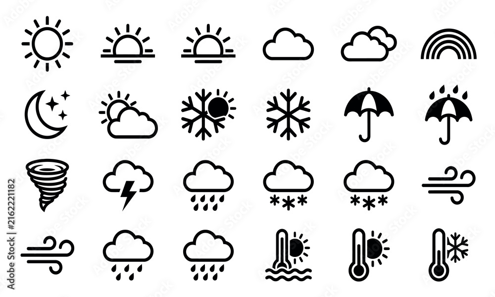 Fototapeta premium Collection of weather icons depicts sunshine clouds rain snow and temperature readings in a flat style sun cloud snowflake lightning