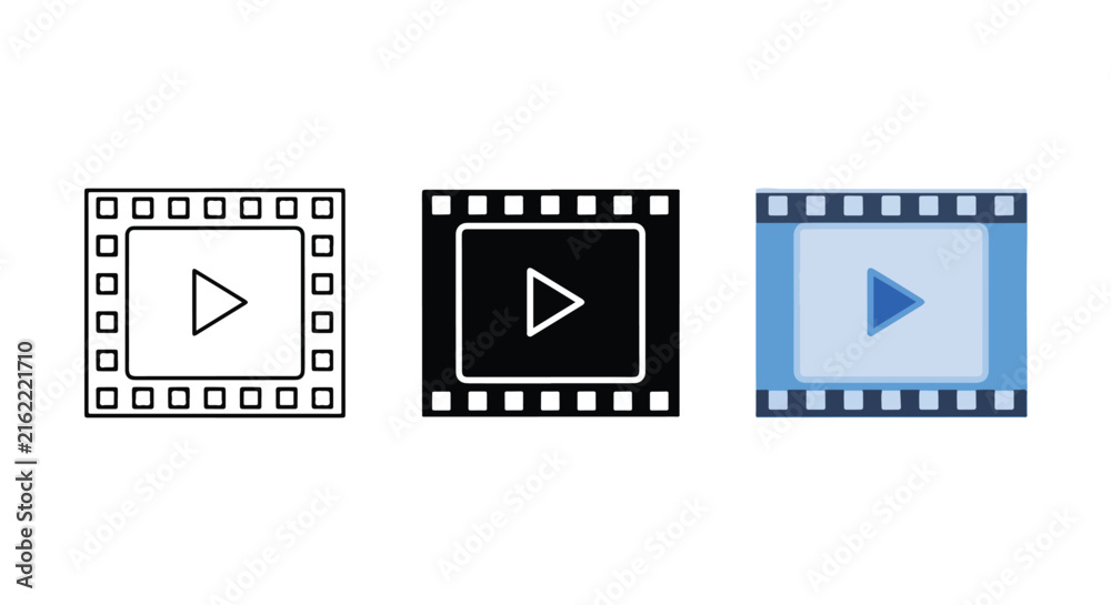 Fototapeta premium Film strip play button vector icon set: Clipart, sticker - icon set - Line and glyph solid icon and logo template 