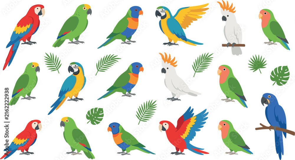 Obraz premium Tropical Parrot and Exotic Bird Flat Vector Icon Collection Featuring Macaw Cockatoo Lorikeet Lovebird and Monstera Palm Leaves for Zoo and Wildlife Designs
