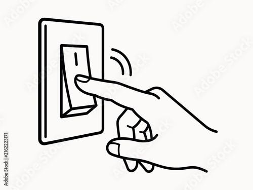 A hand presses a rectangular light switch on a wall depicted in a simple line style activation appliance architecture automation