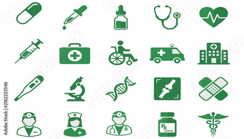 Medical and Healthcare Icon Set with Green Vector Symbols for Hospital Equipment Pharmacy Clinical Services Websites Apps and Medical Graphic Designs