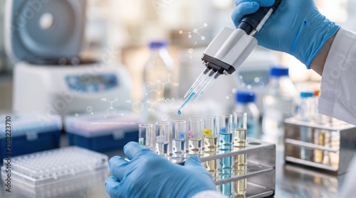 Scientist using pipette in laboratory, chemical analysis, test tubes with liquid, molecular structure overlay, research experiment, biotechnology, pharmaceutical development