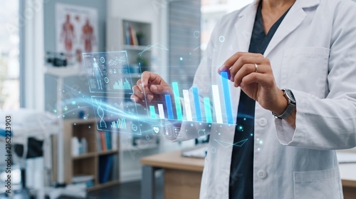 Doctor analyzing holographic bar charts and dna data, futuristic medical research, biotechnology innovation, laboratory scientist
