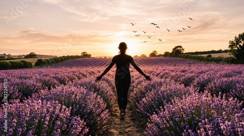 Silhouette of woman walking through vibrant lavender field at sunset with birds flying overhead, evoking feelings of freedom, peace, natural beauty, and serene countryside